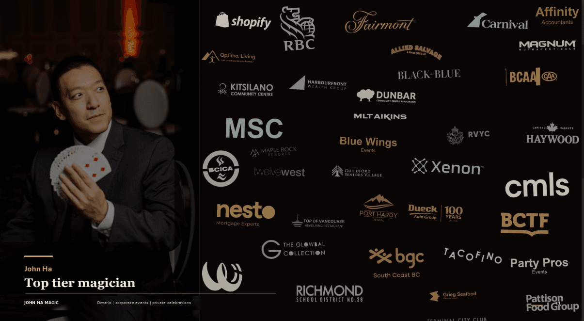 John Ha holding playing cards beside a wall of selected client and venue logos