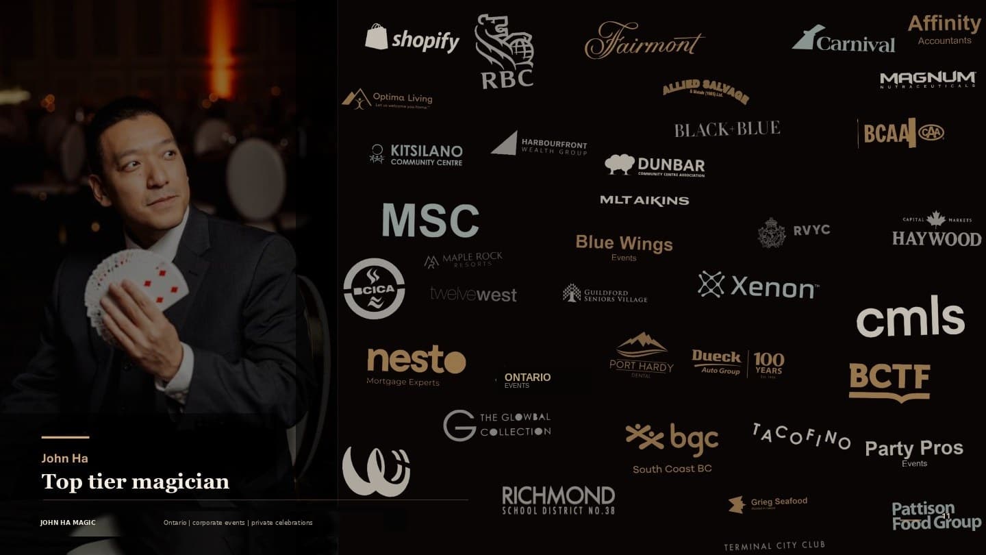 John Ha standing beside a wall of client logos